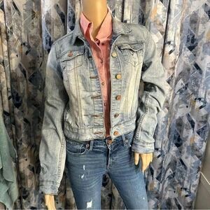 YMI jeans denim jean jacket. Distressed cropped and bleached denim. Meduim (m)